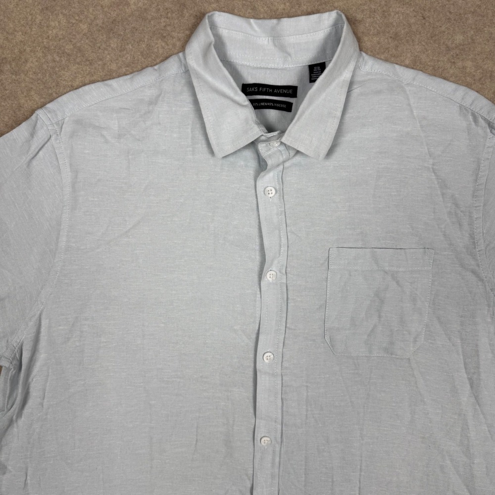 Saks Fifth Avenue Button Down XXL 25.5in Linen Viscose Light Blue Coastal Preppy - Picture 2 of 8